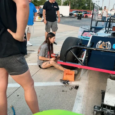 Gillian Leppado (0) with her car at the Speedrome, Indianapolis, 2024.