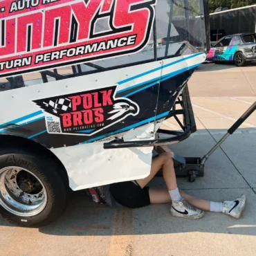Gillian Leppado (0) with her car at the Speedrome, Indianapolis, 2025.